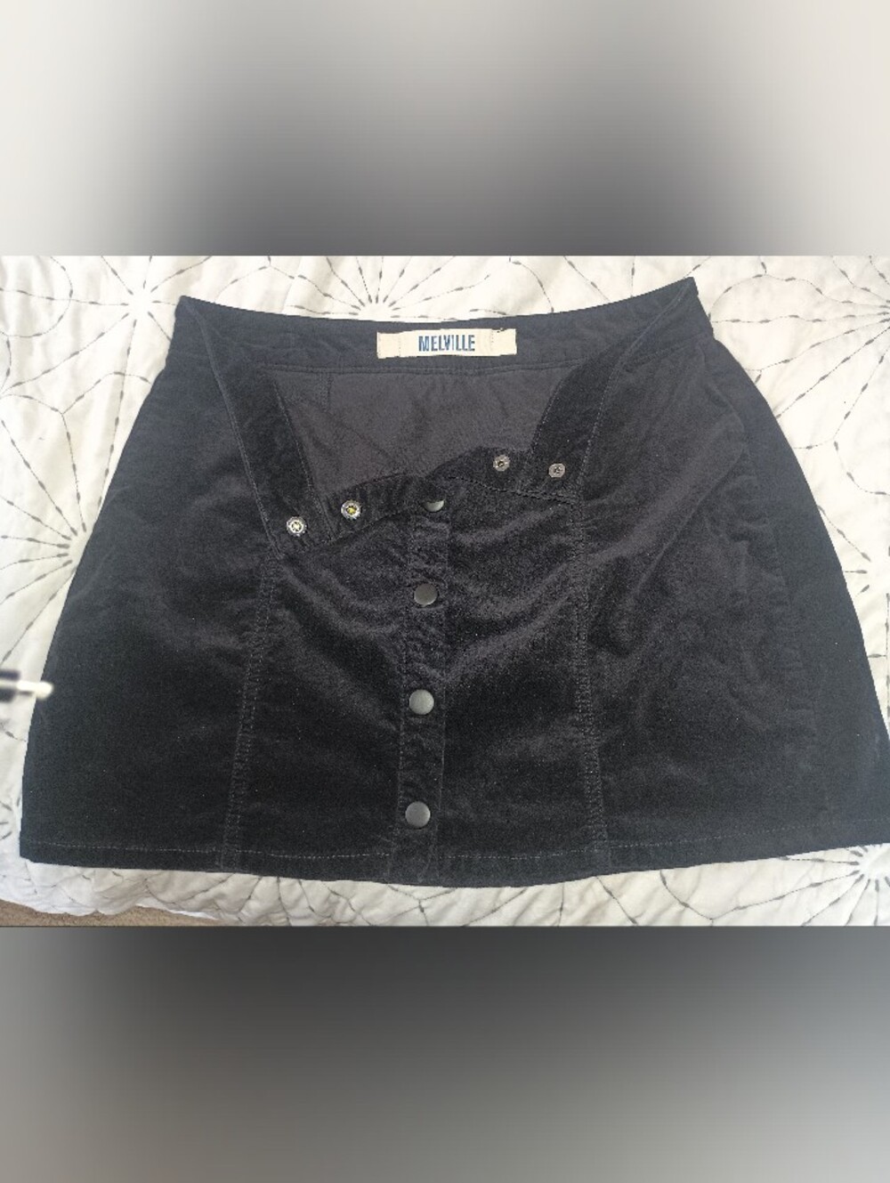 Melville Black Soft Velveteen Mini Skirt Snap Front Button Closure